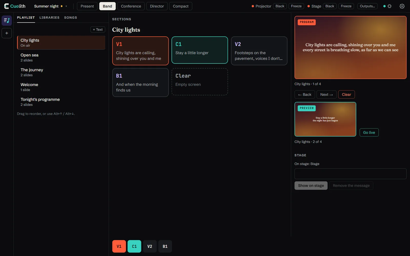 Band layout: song sections as large buttons.