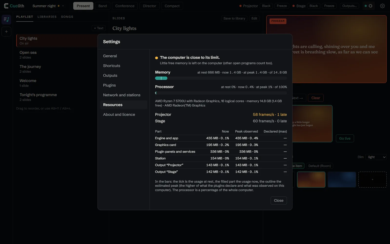 Settings, Resources section: memory, processor and output frame rates.